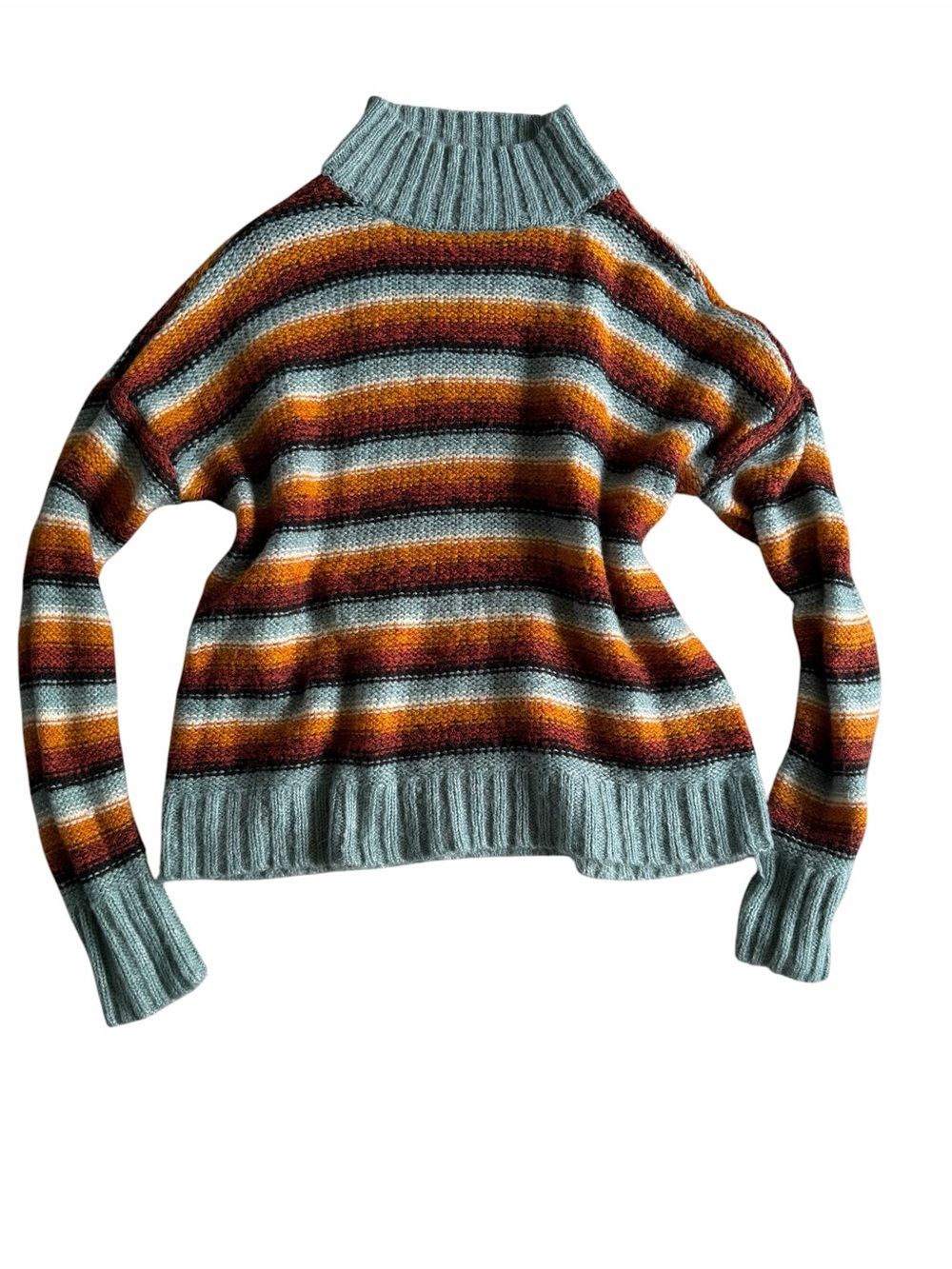 🌟Pink Republic Retro Vibe Striped Turtleneck Sweater in Teal, Rust, Mustard